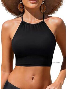 High Neck Halter Bikini Top Longline Full Coverage Swim Top Only